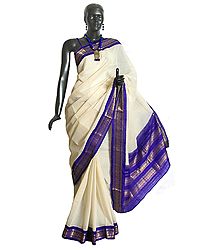 White Cotton Gadwal Saree with Purple and Golden Zari Border and Pallu