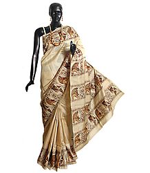 Hand Painted and Embroidered Designer Tussar Saree with Border and Pallu