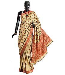 Light Beige Assam Moonga Tussar Silk Saree with Black and Red Weaved Border and Pallu