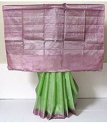 Light Green Tussar Silk Saree with Light Pink Border and Pallu with Weaved Silver  Work