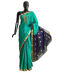 Persian Green Mysore Crepe Silk Saree with Dark Blue Border and Pallu with Zari