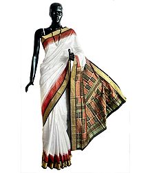 White Bomkai Orissa Silk Saree with All-Over Boota with Border and Gorgeous Pallu