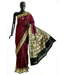 Maroon Valkalam Saree with All-Over Boota from Banaras with Dancer Motifs on Black Brocade Pallu and Border