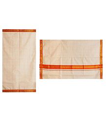 White Kerala Cotton Saree with Saffron Check and Border