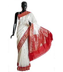 Banarasi White Koriyal Katan Silk Saree with All-Over Zari Boota, Red Border and Gorgeous Pallu