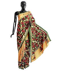 Appliqued Yellow Pure Silk Saree with Kantha Stitch 