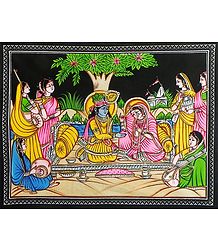 Radha Krishna with Gopinis - Sequin work on Painted Cotton Cloth - Unframed