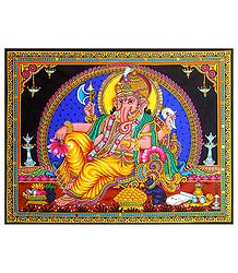Lord Ganesha - Print on Cloth with Sequin Work - Unframed