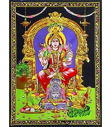 Karmaniamman - South Indian Goddess of Rain - Print with Sequin Work on Cotton Cloth - Unframed