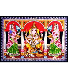 Lord Ganesha with His Consorts Riddhi and Siddhi - Print on Cloth with Sequin Work - Unframed