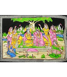 Gopinis Entertaining Radha Krishna by their Music and Dance - Sequin work on Painted Cotton Cloth - Unframed