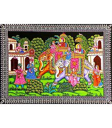 Princely Procession - Print on Cloth with Sequin Work - Unframed