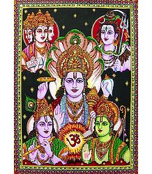 Panchadev - Brahma, Vishnu, Shiva, Rama and Krishna - Print with Sequin Work on Cotton Cloth - Unframed