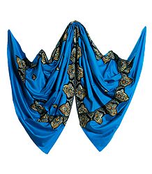 Cyan Blue Woolen Shawl with Embroidered Border 
