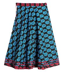 Blue Paisley Print on Black Cotton Long Skirt with Red Border