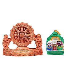 Jagannath, Balaram, Subhadra with Chariot Wheel of Konark Temple