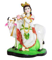 Murlidhar Krishna with Cow - Marble Dust Statue