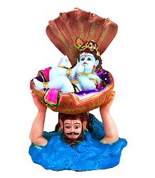 Vasudev Carrying Baby Krishna - Stone Dust Statue