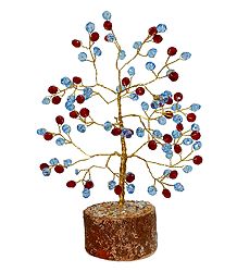 Red and Blue Stone Chips Wire Tree on Wood Base