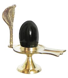 Black Stone Shiva Linga on Brass Stand with Snake