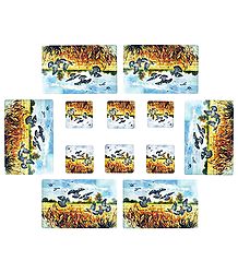 Set of Six Dining Table Mats and Coasters with Flying Birds on a Field Print 