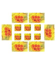Set of 6 Dining Table Mats and Coasters with Flower  Print 