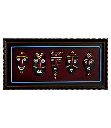 Multicolor Decorative Black Faces on a Wooden Panel - Terracotta Wall Hanging