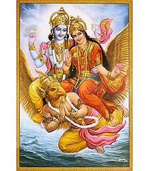 Lord Vishnu and Lakshmi Riding on Divine Vehicle Garuda - Poster