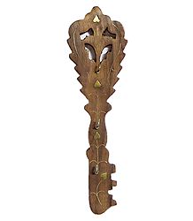 Brass Inlay on Wood Carving Key with Three Key Hooks - Wall Hanging