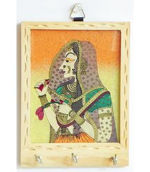 Crushed Real Gemstone Painted Queen on Wooden Key Rack with Three Hooks - Wall Hanging