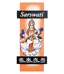 Saraswati Picture on Wooden Key Hanger with 4 Hooks - Wall Hanging