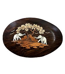 Elephants Playing under Tree - Inlaid Wood Wall Hanging