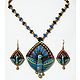 Hand Painted Blue with Golden Terracotta Necklace, Peacock Pendant and Earrings