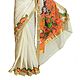 Off-White Kasavu Saree with Golden Zari Border and Hand Painted Temple Murals on Pallu