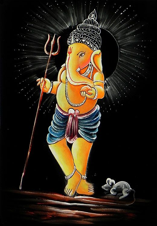 Ganesh with Trident - Painting on Velvet - 27 x 20 inches