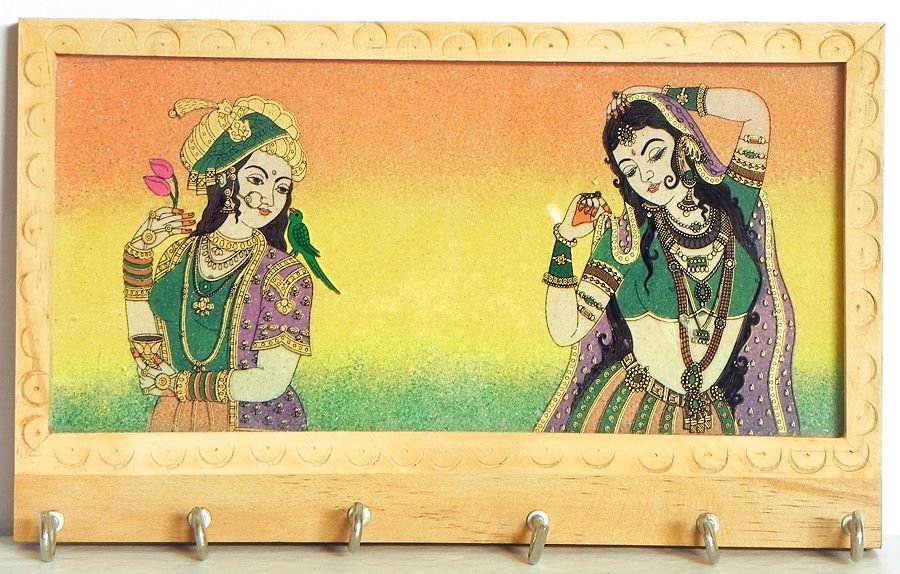 GEMSTONE PAINTING WOOD KEY CHAIN WALL HOLDER WITH SIX HOOKS FROM INDIA!! 